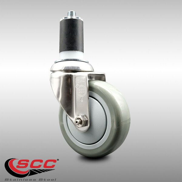 4 Inch 316SS Gray Polyurethane Wheel Swivel 1-5/8 Inch Expanding Stem Caster